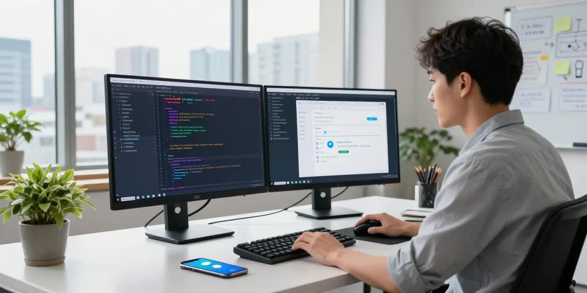 Download Telegram in a modern workspace featuring a developer coding with dual monitors, showcasing a focus on tech productivity.