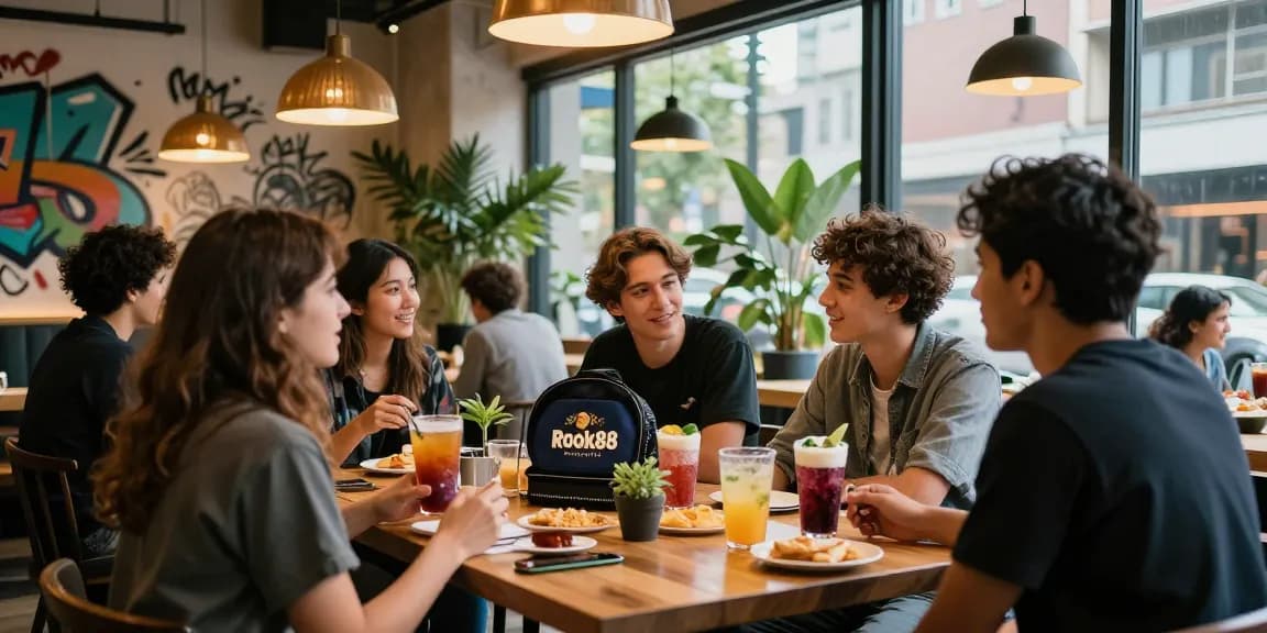 Youth enjoying drinks at trendy cafe with rokok88 merchandise on display.