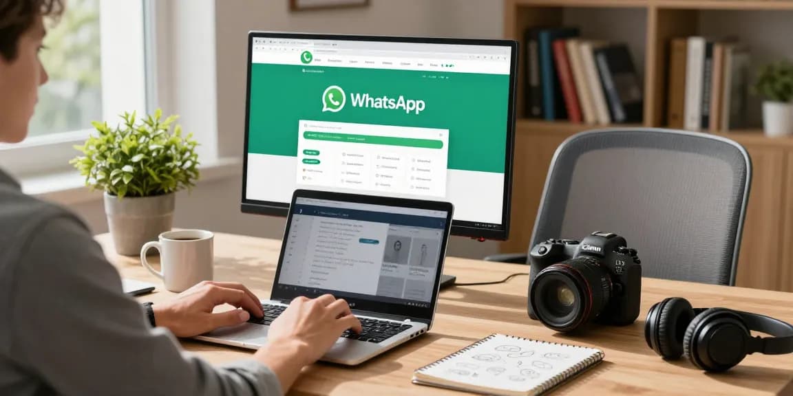 Professional home office scene using WhatsApp電腦版 on a laptop with modern workspace elements.